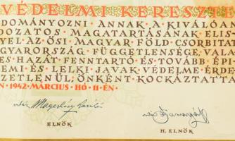 1942. "Nemzetvédelmi Kereszt" kitüntetésnek adományozói oklevele, az "Országos Nemzet...
