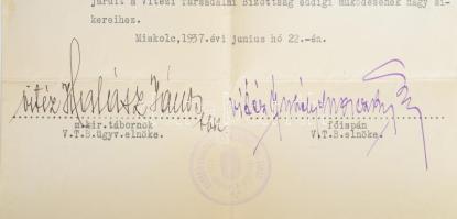 1937 A miskolci Vitézi Társadalmi Bizottság elnökségének levele vitéz Halász János tábornok aláírásá...