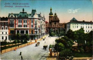 Lviv, Lwów, Lemberg; Kosciól Bernadynski / Bernadiner-Kirche / church, street (small tear)