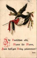 1916 Ihr deutschen alle, Mann für Mann, zum heil'gen Krieg zusammen! Arndt / Német első világháborús katonai propaganda / WWI German military propaganda. B.N.K. No. 7552. litho + " Briefstempel Kriegslazarett "Heilige Karl" Chauny" (fl)