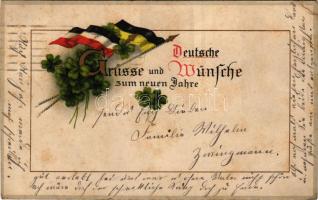 1915 Deutsche Grüsse und Wünsche zum neuen Jahre / Első világháborús német katonai újévi üdvözlet zászlókkal / WWI German military New Year greeting, flags, Viribus Unitis. M.S.i.B. 217/229. litho (EK) (EK)