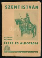 Szent István. Első nagy királyunk élete és alkotásai. Hóman Bálint, Csapody Csaba, Bakács István János, Nevelős Ágoston, Ember Győző, Belitzky János és Guillemot Katalin tanulmányai. Bp., 1938, Kir. M. Egyetemi Nyomda, 88+(8) p. Kiadói papírkötés, kissé sérült borítóval, néhány kissé sérült lappal.