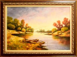 Hirkó Bálint (1975 - ) : Holtág. Olaj, farost, jelzett, dekoratív keretben 70x100 cm tanúsítvánnyal