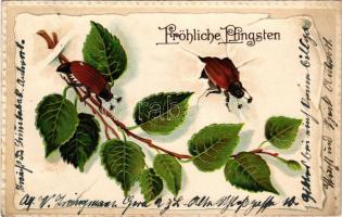 1915 Fröhliche Pfingsten / Pünkösdi üdvözlet- dombornyomott / Pentecost greeting, may bugs, embossed litho (EK)