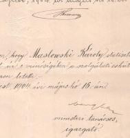 1904 Bp., Hieronymi Károly és Vargha Gyula aláírása kinevezési okmányon