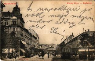 1905 Budapest V. Károly körút és Kossuth Lajos körút sarka az Astorián, villamosok, Sternberg, Schwartz Simon, Holzer és Lukács Gyula üzlete, Diana gyógyszertár, lovas rendőr (EK)