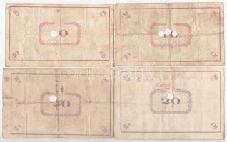 Pápa 1919. május 8. "Pápai csekk" 10K (2x) + 20K (2x) mind lyukasztással érvénytelenítve é...