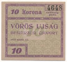 Budapest 1919. 10K &quot;Vörös Ujság&quot; szükségpénz T:AU,XF hajtatlan, nagyobb sarokhajlás Adamo BUC-300.5