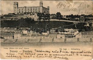 1904 Pozsony, Pressburg, Bratislava; Vár hegy, Duna. Bediene dich allein / Schlossberg / castle, Danube riverside (szakadás / small tear)