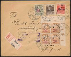 1919 Ajánlott Pécs helyi levél 7 bélyeges vegyes bérmentesítéssel, cenzúrázva / Registered local censored cover with mixed franking. Signed: Bodor