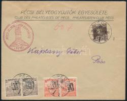 1919 Pécs helyi levél vegyes bérmentesítéssel: Baranya és magán felülnyomású bélyegekkel / Local cover with mixed franking. Signed: Bodor