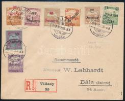 1919 Ajánlott levél 8 db Baranya bélyeggel bérmentesítve, a Turul 70f antikva számokkal, Svájcba küldve VILLÁNY / Registered cover with 8 stamps, Turul 70f wint antiqua numbers. Signed: Bodor