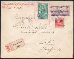 1920 Ajánlott levél 3 db Baranya bélyeggel, mindegyik elcsúszott felülnyomással + érvénytelen, de lebélyegzett jugoszláv bélyeggel BÁTASZÉK - Pécs / Registered cover with 3 Baranya stamps with shifted overprint + an invalid Yugoslav stamp. Signed: Bodor