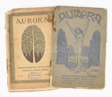 1911 Auróra. Irodalmi, művészeti, színházi és zenei folyóirat. I. évf. 2. szám, 1911. február 25. (Két példányban, különböző borítóval). Szerk.: Cserna Andor. Bp., Lengyel Lipót-ny., 53-116 p. Kiadói tűzött papírkötés, sérült, széteső állapotban, helyenként foltos.