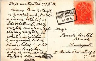 1938 Sajószentpéter, Református és Római katolikus templom és Országzászló, Kultúrház, Üveggyár + &q...