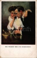 Wie werden wir uns einrichten? / Romantic couple, lady art postcard. M. Munk Wien Nr. 833. (EK)