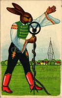 1941 Húsvéti üdvözlet / Easter greeting art postcard, rabbit with microphone, Hungarian folklore (EK)