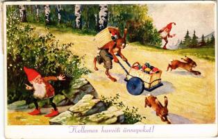 1929 Kellemes húsvéti ünnepeket / Easter greeting art postcard, rabbits and dwarves. WSSB 8046. (EK)