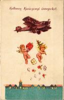 1940 Kellemes karácsonyi ünnepeket / Christmas greeting art postcard, airplane with angels and gifts (EK)