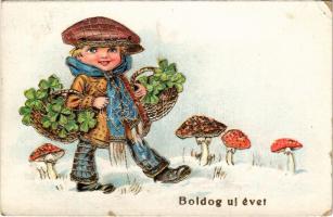 1936 Boldog Újévet / New Year greeting art postcard, clovers and mushrooms (kis szakadások / small tears)