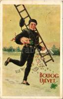 1936 Boldog Újévet / New Year greeting art postcard, chimney sweeper with pig and clovers (EK)