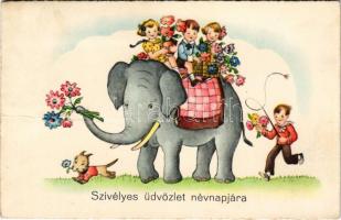 1940 Szívélyes üdvözlet névnapjára / Name Day greeting art postcard with elephant. B. Co. B. 8964/3. (fa)