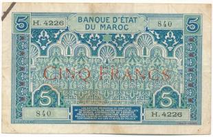 Marokkó DN (1924) 5Fr T:F,VG folt, tűlyuk Morocco ND (1924) 5 Francs C:F,VG spot, stapler holes Krause P#9