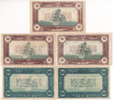 ~1920. 50K (3x) + 100K (2x) "Vásárlási visszatérítés" különböző, halvány bélyegzésekkel T:...