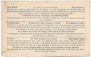 1937. "38. Magyar Királyi Osztálysorsjáték" első osztály 1/8 sorsjegye, bélyegzéssel, vízj...