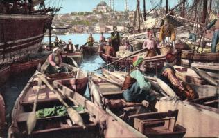 Constantinople harbour with Hagia Sophia and fishermen