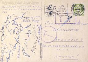 1967 Képeslap Koppenhágából a Magyar labdarúgó válogatott tagjainak aláírásával