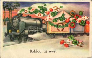 1939 Boldog Újévet / New Year greeting art postcard with locomotive, clovers, horseshoes and mushrooms. Rokat 1494. (EK)