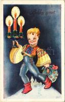 1934 Boldog Újévet / New Year greeting art postcard, Hungarian folklore s: Mallász Gitta