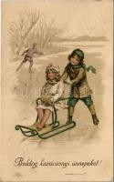 1916 Boldog karácsonyi ünnepeket / Christmas greeting art postcard, ice skate, sled, winter sport. litho (fa)