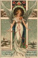 1899 (Vorläufer) Fröhliche Weihnachten / Christmas greeting art postcard with angel. Art Nouveau, litho (EK)