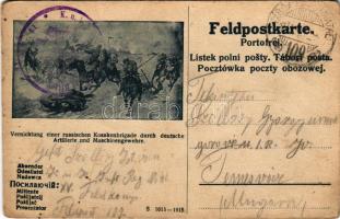 1915 Vernichtung einer russischen Kosakenbrigade durch deutsche Artillerie und Maschinengewehre. Feldpostkarte / Egy orosz kozák dandár megsemmisítése német tüzérséggel és géppuskákkal / WWI German military field post + &quot;TÁBORI POSTAHIVATAL 109&quot; (EK)