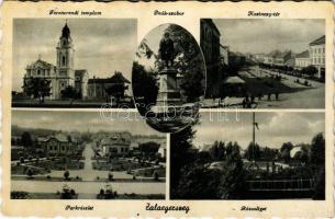 1943 Zalaegerszeg, Ferenc-rendi templom, Deák szobor, Kazinczy tér, park, Rózsaliget (fl)