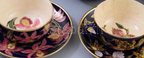 cca 1875-1880, Zsolnay Rothschild báró orchideás készlet 8 darabja. Terv.: Zsolnay Teréz. Öntött fin...