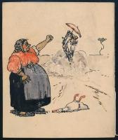 Haranghy Jenő (1894-1951): Karikatúra sivatagi életemből, 1916. Tus, akvarell, papír, hátoldalán jelzett és Haranghy Jenő autográf soraival, 12x10 cm