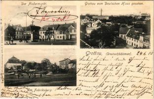 1905 Hrádek nad Nisou, Grottau; Deutschböhmen. Der Niedermarkt, Grottau vom Deutschen Haus gesehen, Am Fabriksberg. Postkartenverlag Alfred J. Schorr / square with shops, general view with factory