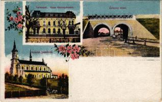 Ternopil, Tarnopol; Kasa Oszczednosci, Zelazny most, Kosciól Jezuitova / savings bank, railway bridge, church. Art Nouveau, floral (EK)