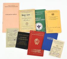 9 db vegyes igazolvány, közte Magyar-Szovjet Társaság tagsági igazolvány, fényképes MÁV igazolvány, Magyar Népköztársaság által kiállított szolgálati útlevél, stb.