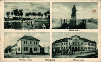 1934 Dunapataj, Tó részlet a strandfürdővel, fürdőzők, Hősök szobra, emlékmű, Községi szálloda, Polgári iskola. Vass Istvánné kiadása (fl)