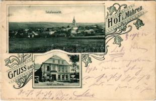 1902 Dvorce, Hof (Hof in Mähren); Hotel zur Krone, Totalansicht. Verlag Paul Thomas / Krone hotel, general view with church. Art Nouveau, floral (gyűrődések / creases)