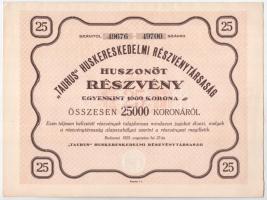 Budapest 1923. "'Taurus' Huskereskedelmi Részvénytársaság" huszonöt részvénye egyben, egyenként 25.000K-ról, szárazpecséttel + 1927. "Mezőgazdasági Ipar-Részvénytársaság" 10 részvénye 15P-ról, három nyelven, szárazpecséttel, bélyegzéssel T:AU egyiken kis bevágás