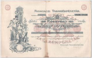 Miskolc 1943. "Miskolczi Takarékpénztár" 25 részvénye egyben, összesen 500P-ről szelvényekkel T:VF foltos