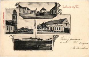 1906 Libice nad Cidlinou, Libitz an der Cidlina; Evangelický kostel, Katolický kostel, Cukrovar, Nymburská / Evangelical and Catholic churches, sugar factory with industrial railway, shop. Fot J. Vidlák. Art Nouveau (EK)