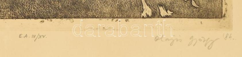 Olajos György (1953-): Újra fölfelé (Kőrösi Csoma emléklap I.), 1984. Rézkarc, papír. jelzett, művés...