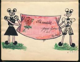 1940-1945 Régi emlékkönyv kb. 40 db bejegyzéssel, kb. 20 db rajzzal