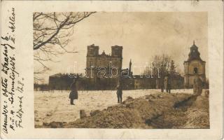 1915 Jedrzejow, Archiopactwo Cystersów / WWI military, soldiers in front of the abbey ruins. photo (EK) + K.u.k. Lokomotivfeldbahn Nr. 1. Verkehrsdienst der 3. Sektion